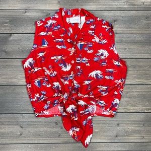 Vintage Button Up Crop Top Red Palm Tree Print